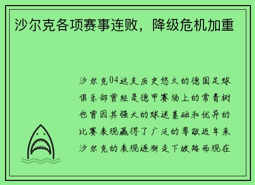 沙尔克各项赛事连败，降级危机加重